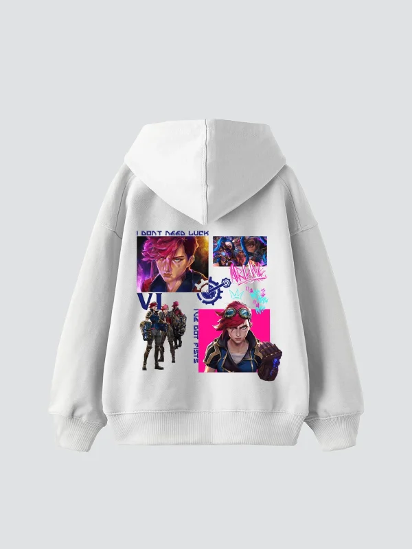 VI Arcane Baskılı Oversize Unisex Beyaz Hoodie