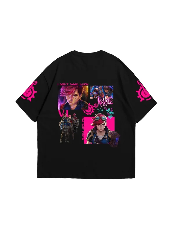 VI Arcane Baskılı Oversize Unisex Siyah Tshirt