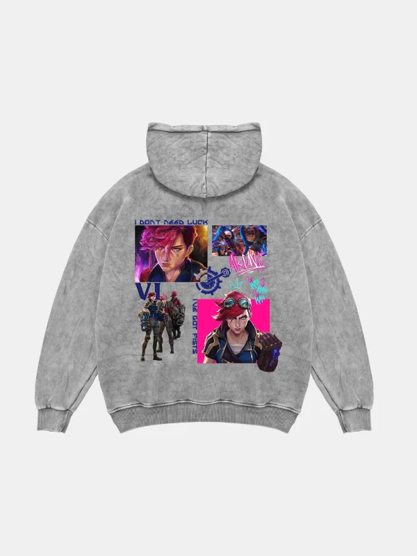 VI Arcane Baskılı Oversize Unisex Yıkamalı Beyaz Hoodie