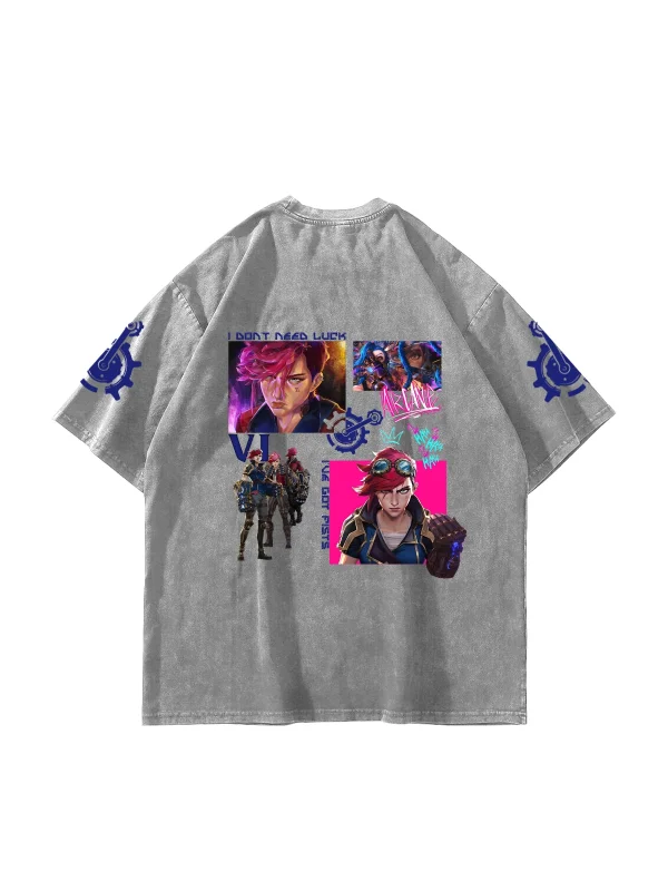 VI Arcane Baskılı Oversize Unisex Yıkamalı Beyaz Tshirt