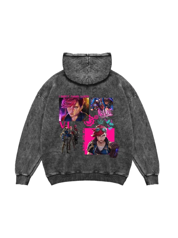 VI Arcane Baskılı Oversize Unisex Yıkamalı Siyah Hoodie