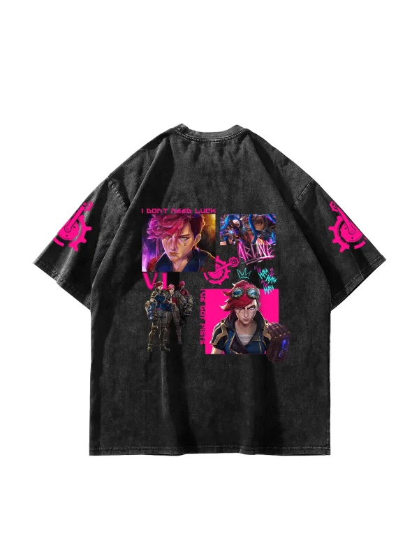 VI Arcane Baskılı Oversize Unisex Yıkamalı Siyah Tshirt