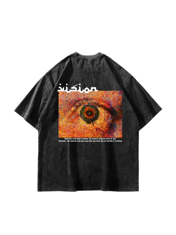 Vision Baskılı Oversize 24/1 Premium Yıkamalı Siyah Tshirt