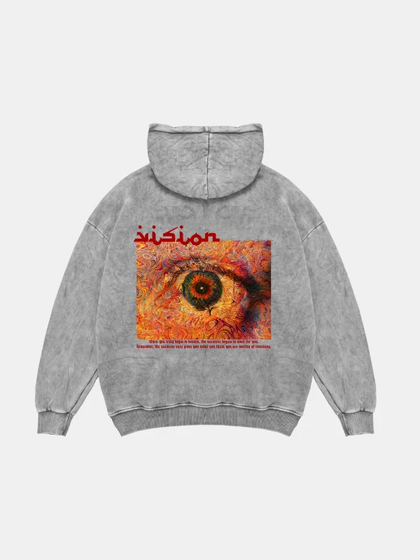 Vision Baskılı Oversize Unisex Premium Yıkamalı Beyaz Hoodie