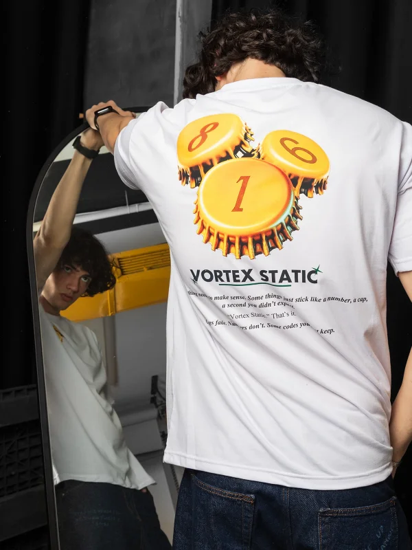Vortex Static Baskılı Oversize Unisex Beyaz Tshirt