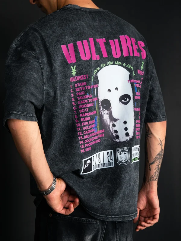 Vultures Baskılı Oversize Unisex Yıkamalı Siyah Tshirt