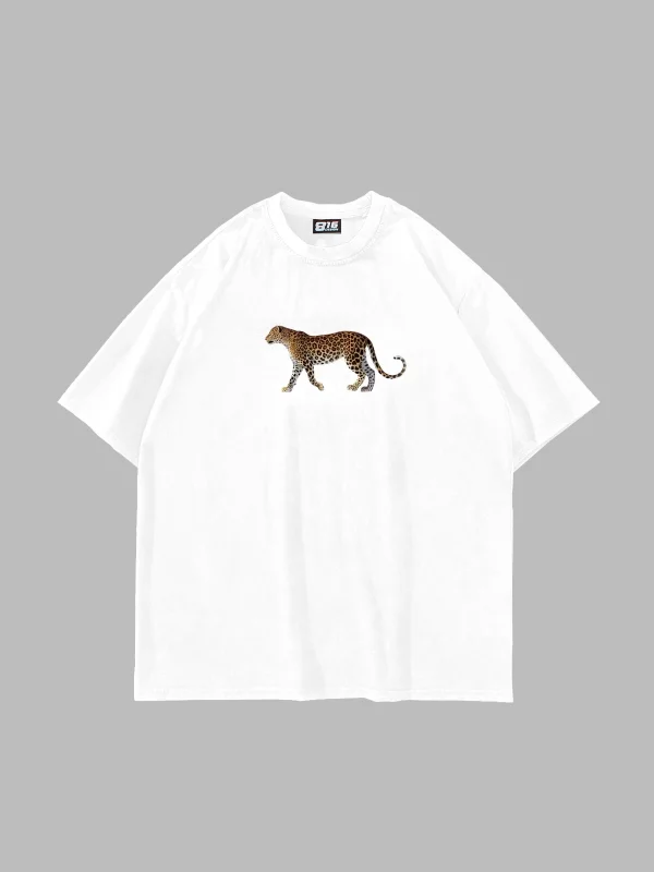 Walking Leopard Baskılı Oversize Unisex Beyaz Tshirt