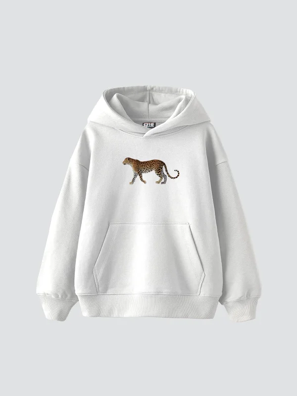 Walking Leopard Baskılı Oversize Unisex Premium Beyaz Hoodie