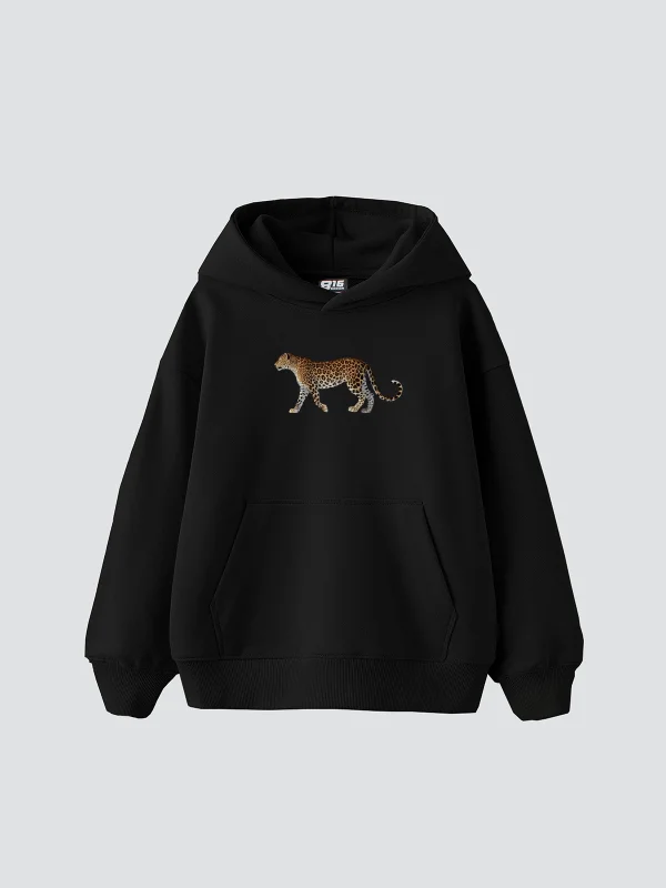 Walking Leopard Baskılı Oversize Unisex Premium Siyah Hoodie