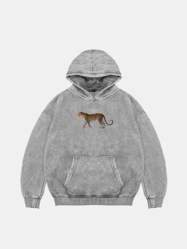 Walking Leopard Baskılı Oversize Unisex Premium Yıkamalı Beyaz Hoodie