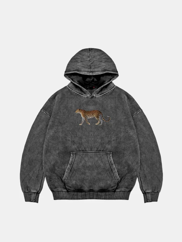 Walking Leopard Baskılı Oversize Unisex Premium Yıkamalı Siyah Hoodie