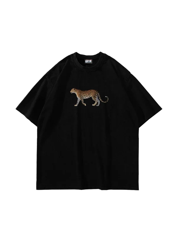 Walking Leopard Baskılı Oversize Unisex Siyah Tshirt