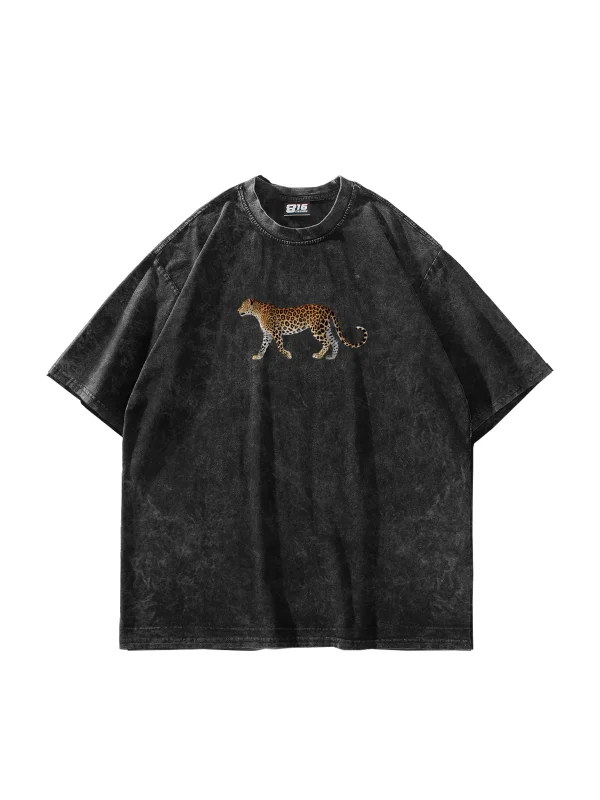 Walking Leopard Baskılı Oversize Unisex Yıkamalı Siyah Tshirt