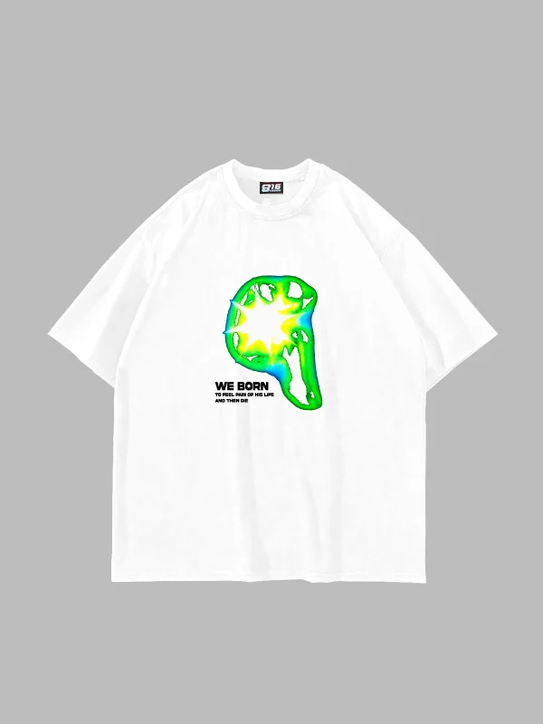 WE BORN Baskılı Beyaz Oversize Unisex Tshirt