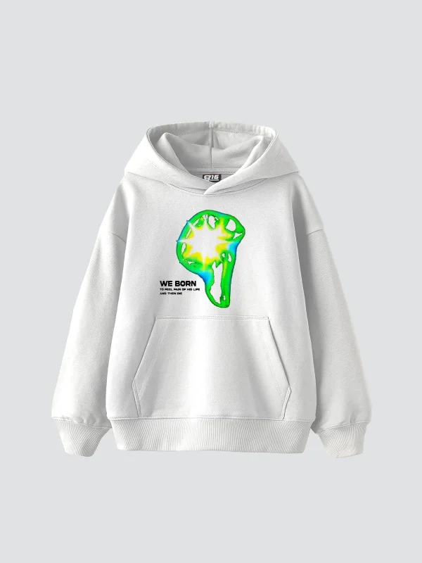 WE BORN Baskılı Oversize Unisex Beyaz Hoodie