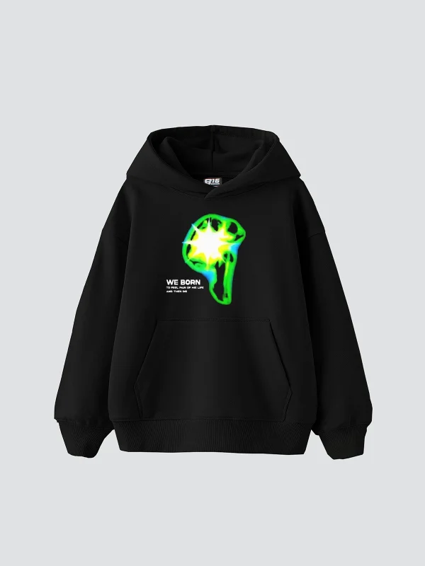 WE BORN Baskılı Oversize Unisex Siyah Hoodie