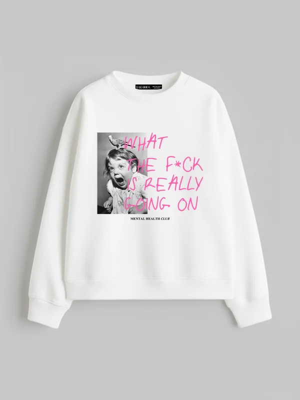 What The F*ck Baskılı Kapüşonsuz Relaxed Fit Kadın Beyaz Sweatshirt