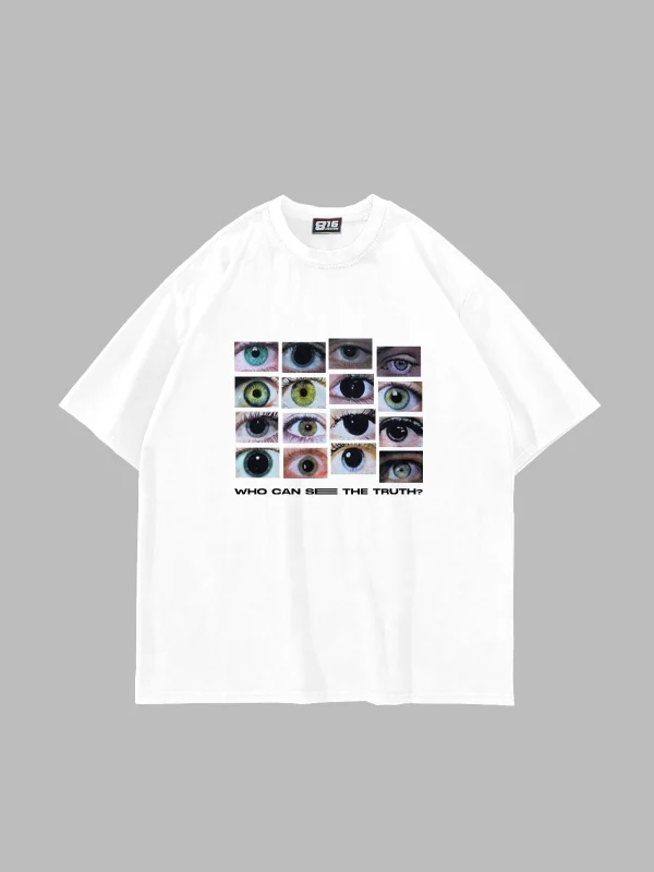 Who Can See Baskılı Oversize Unisex Beyaz Tshirt