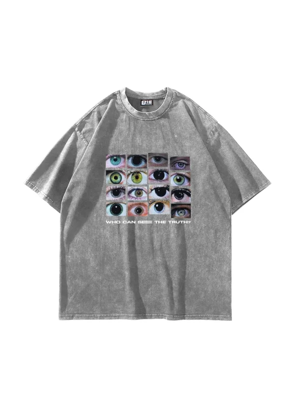 Who Can See Baskılı Oversize Unisex Yıkamalı Beyaz Tshirt