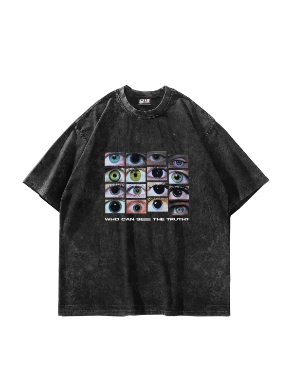 Who Can See Baskılı Oversize Unisex Yıkamalı Siyah Tshirt