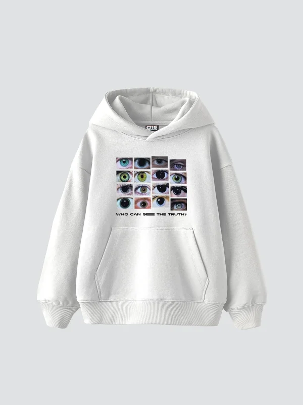 Who Can See Baskılı Oversize Unisex Premium Beyaz Hoodie