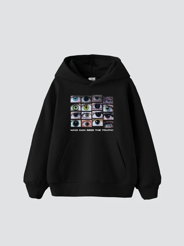 Who Can See Baskılı Oversize Unisex Premium Siyah Hoodie