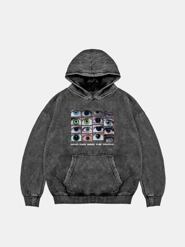 Who Can See Baskılı Oversize Unisex Premium Yıkamalı Siyah Hoodie