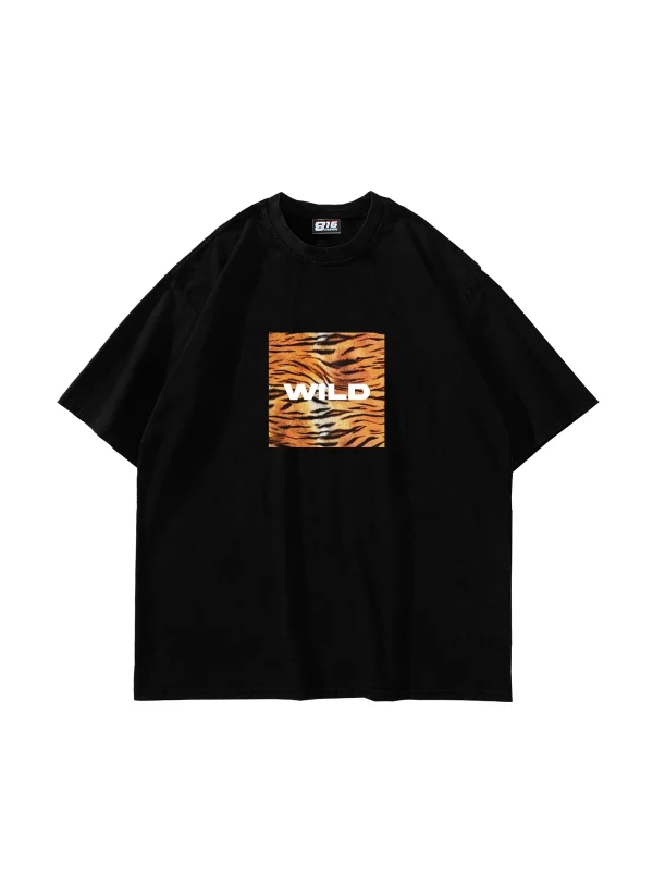 Wild Baskılı Oversize Unisex Siyah Tshirt