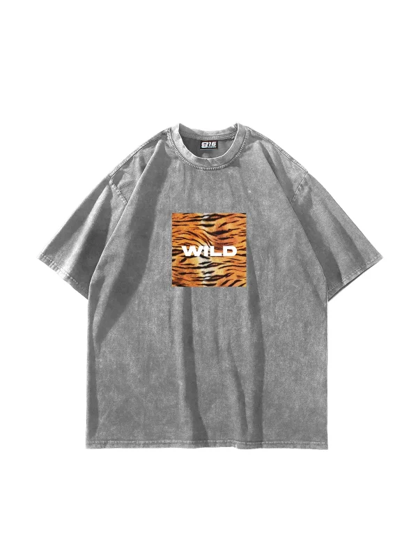Wild Baskılı Oversize Unisex Yıkamalı Beyaz Tshirt