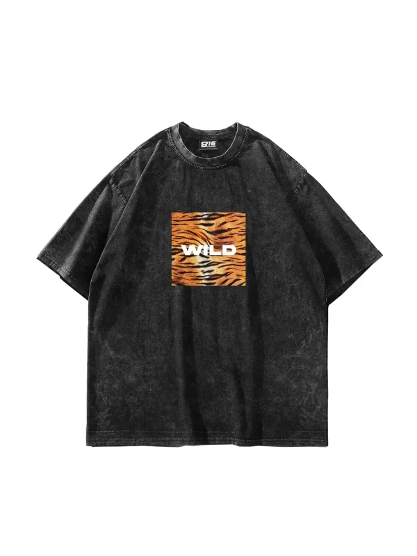 Wild Baskılı Oversize Unisex Yıkamalı Siyah Tshirt