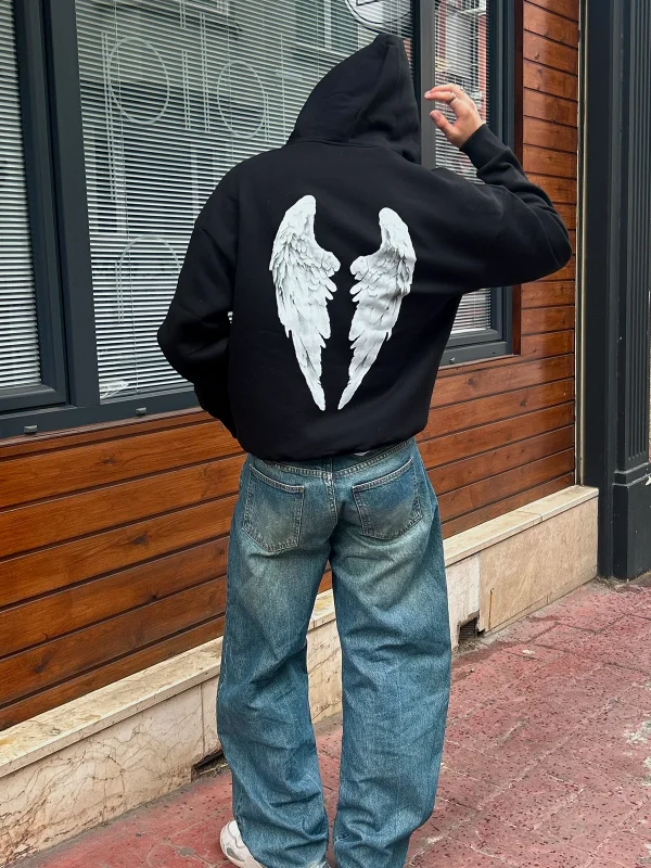 Wing Baskılı Oversize Unisex Siyah Hoodie