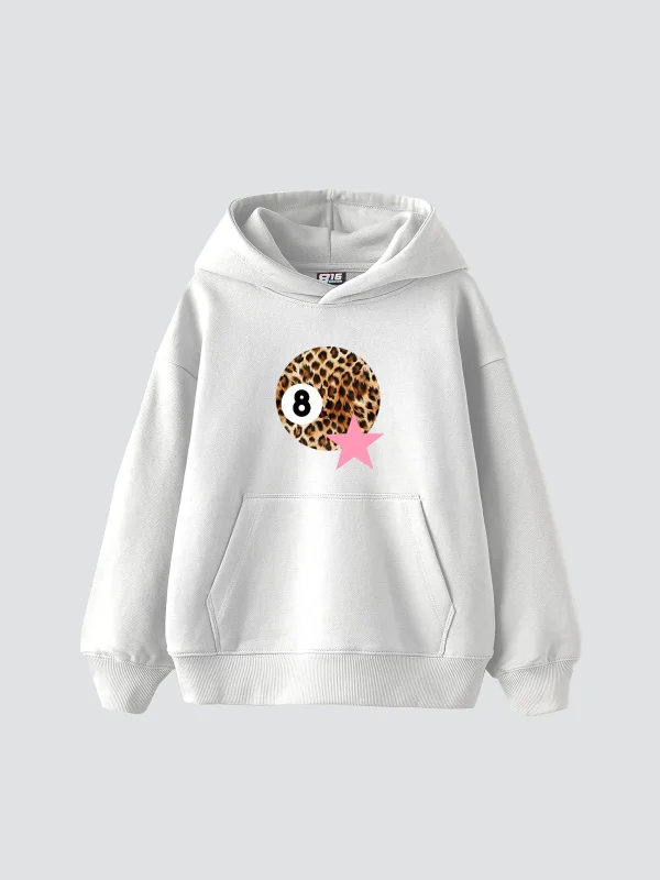 Leopard Billiard Ball Baskılı Oversize Unisex Beyaz Hoodie