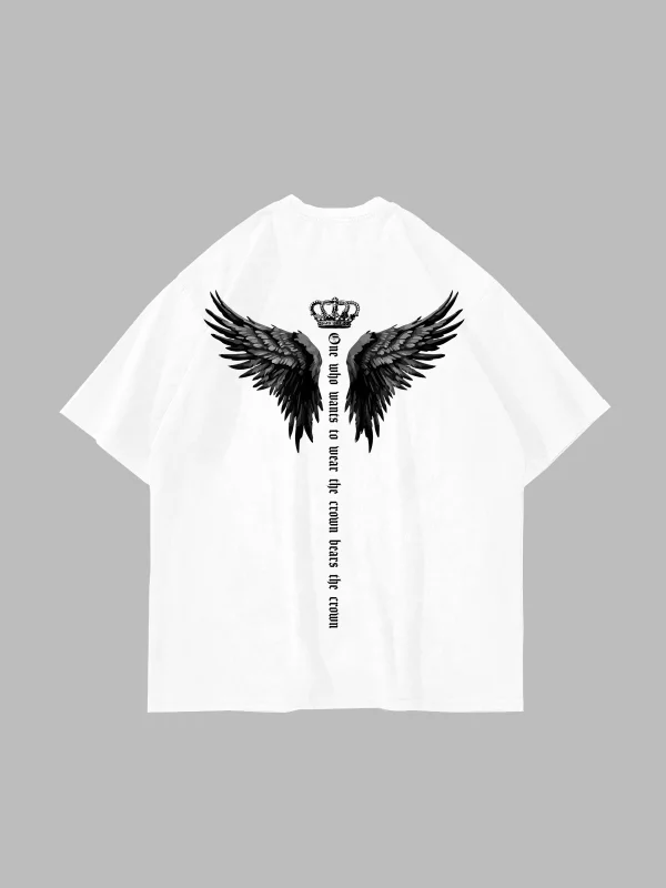 Winged Crown Baskılı Oversize Unisex Beyaz Tshirt