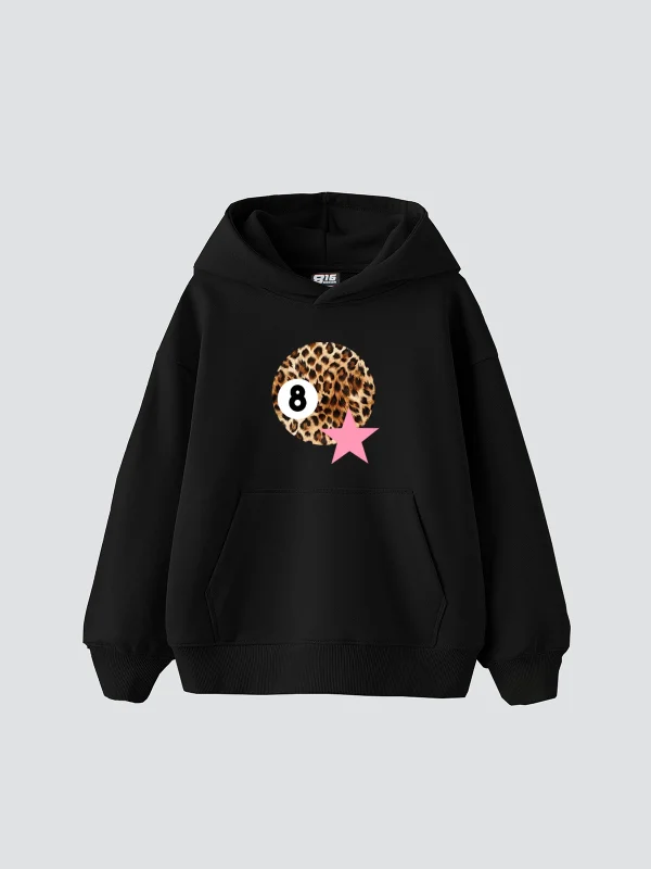 Leopard Billiard Ball Baskılı Oversize Unisex Siyah Hoodie