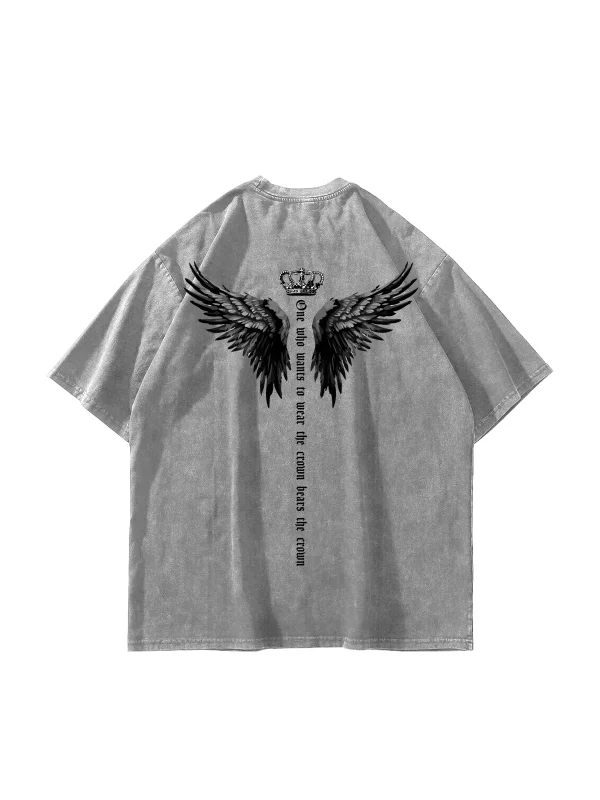 Winged Crown Baskılı Oversize Unisex Yıkamalı Beyaz Tshirt