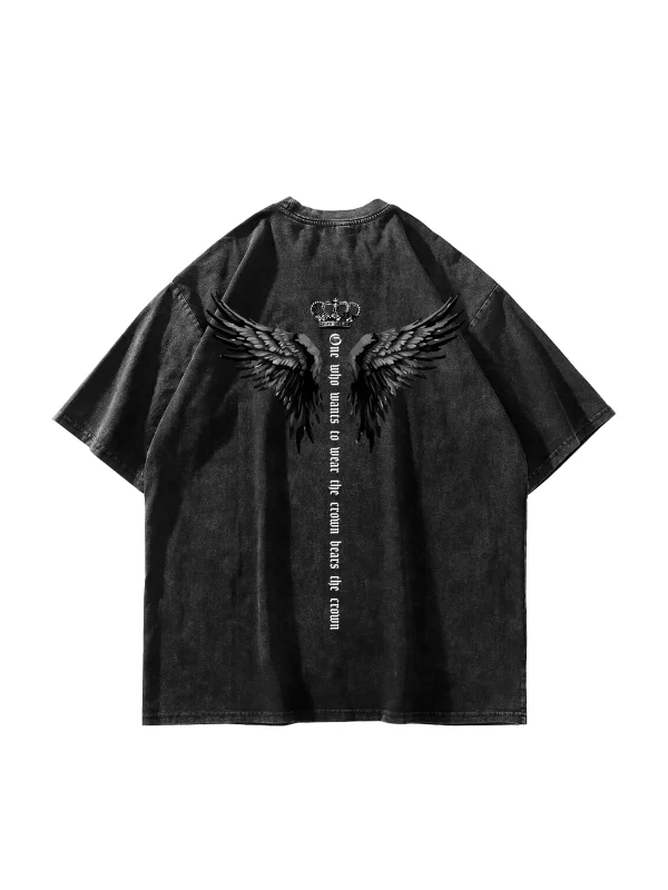 Winged Crown Baskılı Oversize Unisex Yıkamalı Siyah Tshirt