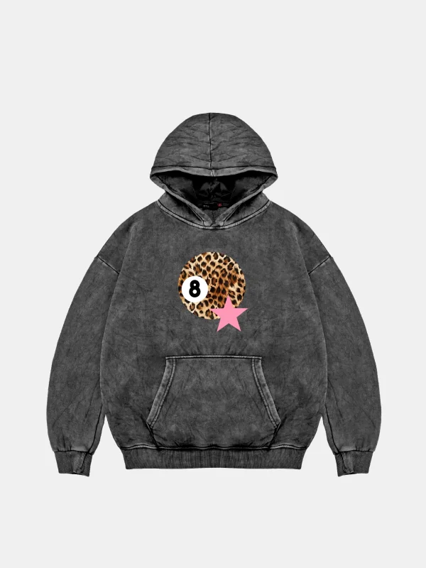 Leopard Billiard Ball Oversize Unisex Yıkamalı Siyah Hoodie