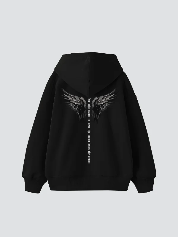 Winged Crown Baskılı Oversize Unisex Siyah Hoodie