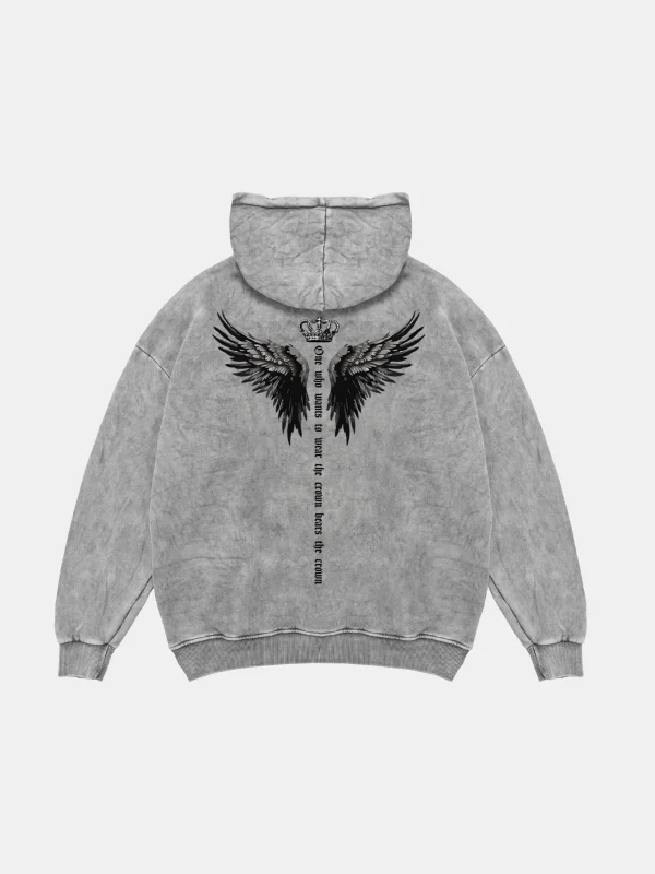 Winged Crown Oversize Unisex Yıkamalı Beyaz Hoodie