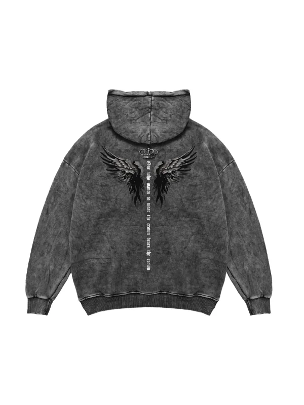 Winged Crown Oversize Unisex Yıkamalı Siyah Hoodie