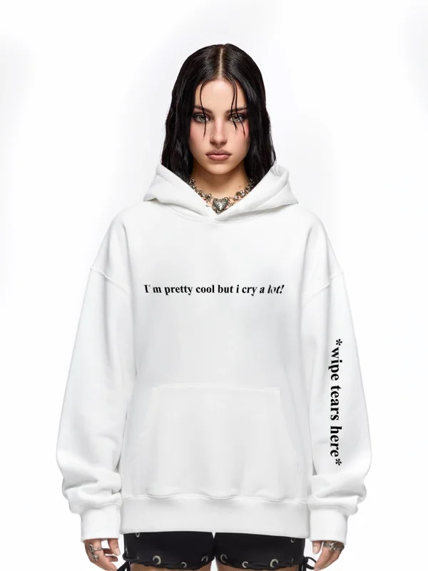 Wipe Tears Here Baskılı Oversize Unisex Beyaz Hoodie