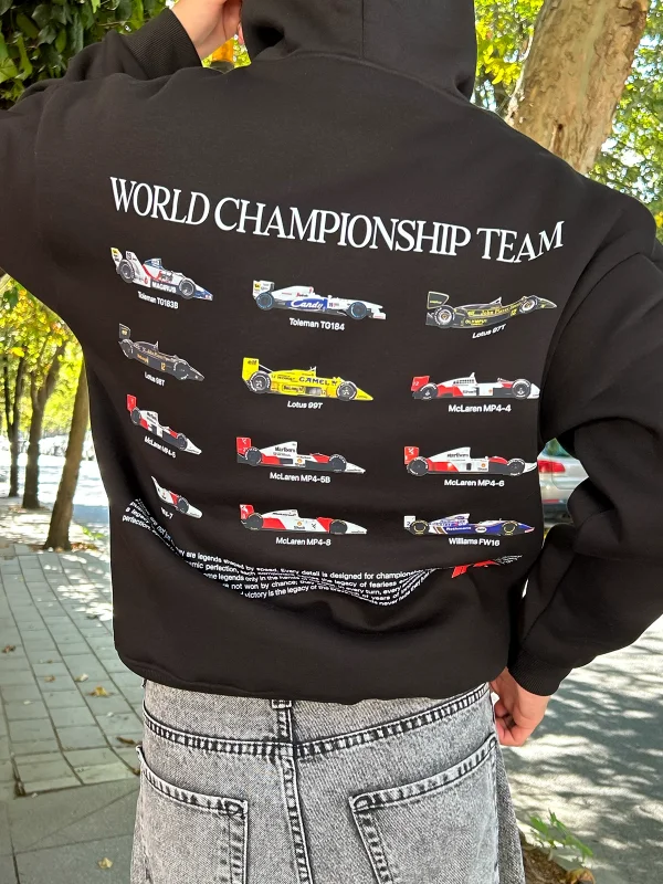 World Championship Team Baskılı Oversize Unisex Siyah Hoodie