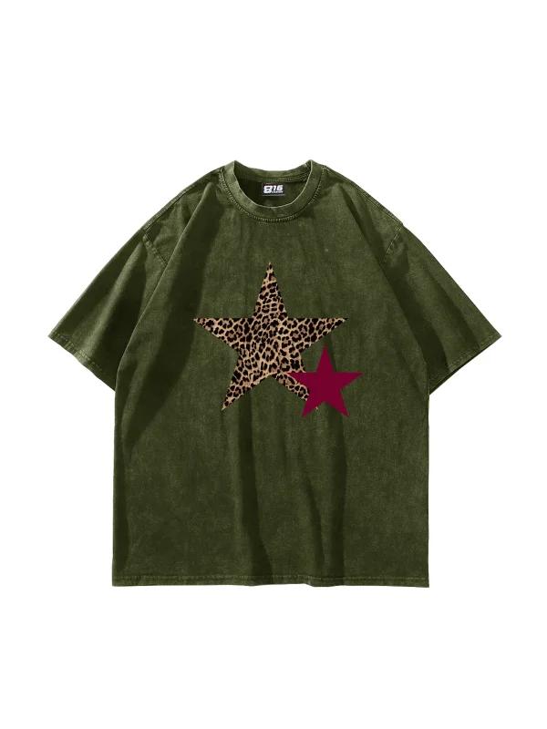 Y2k Leopar Star Baskılı Oversize Unisex Yıkamalı Yeşil Tshirt