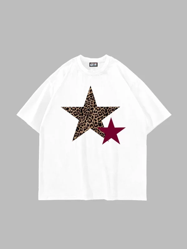 Y2k Leopar Starz Baskılı Oversize Unisex Beyaz Tshirt