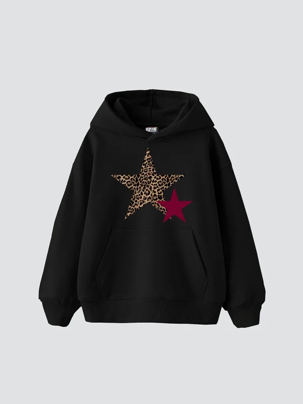 Y2k Leopar Starz Baskılı Oversize Unisex Siyah Hoodie
