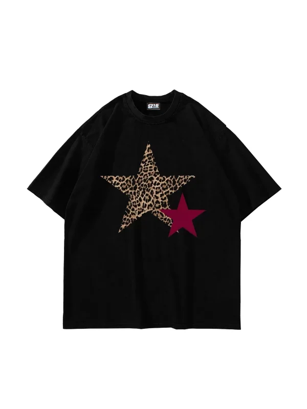 Y2k Leopar Starz Baskılı Oversize Unisex Siyah Tshirt