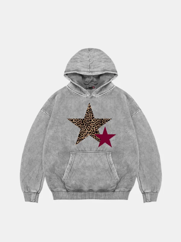 Y2k Leopar Starz Baskılı Oversize Unisex Yıkamalı Beyaz Hoodie