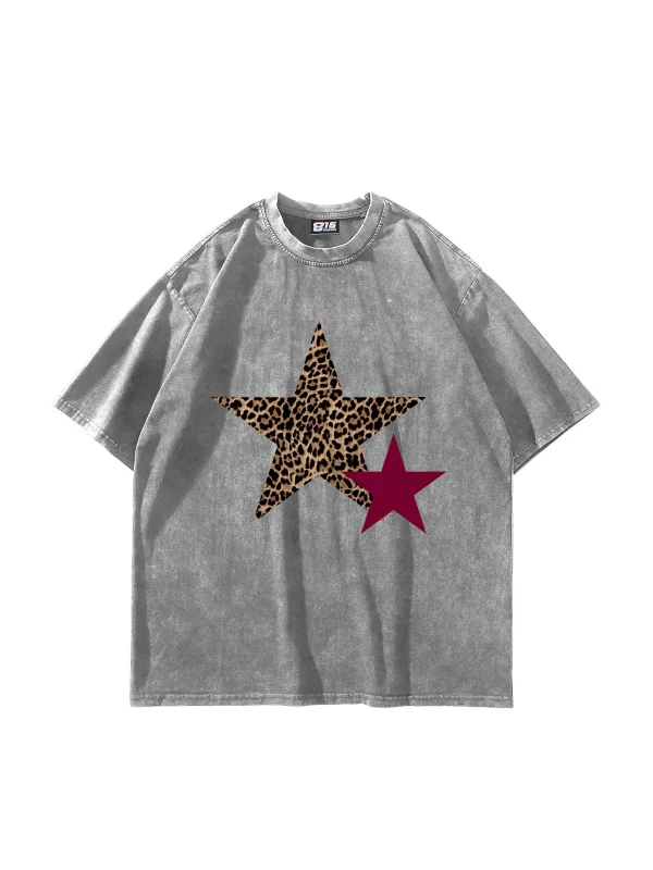 Y2k Leopar Starz Baskılı Oversize Unisex Yıkamalı Beyaz Tshirt
