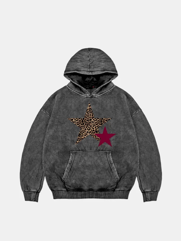 Y2k Leopar Starz Baskılı Oversize Unisex Yıkamalı Siyah Hoodie