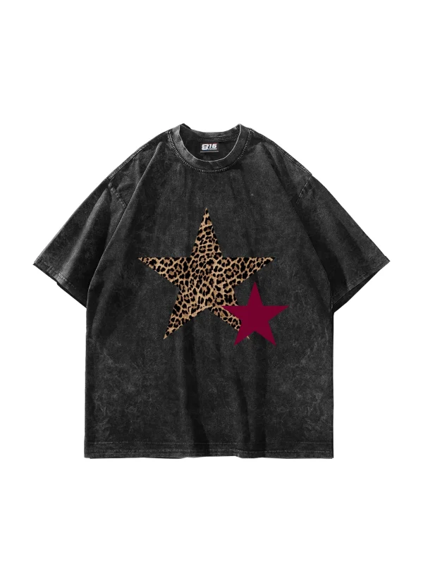 Y2k Leopar Starz Baskılı Oversize Unisex Yıkamalı Siyah Tshirt
